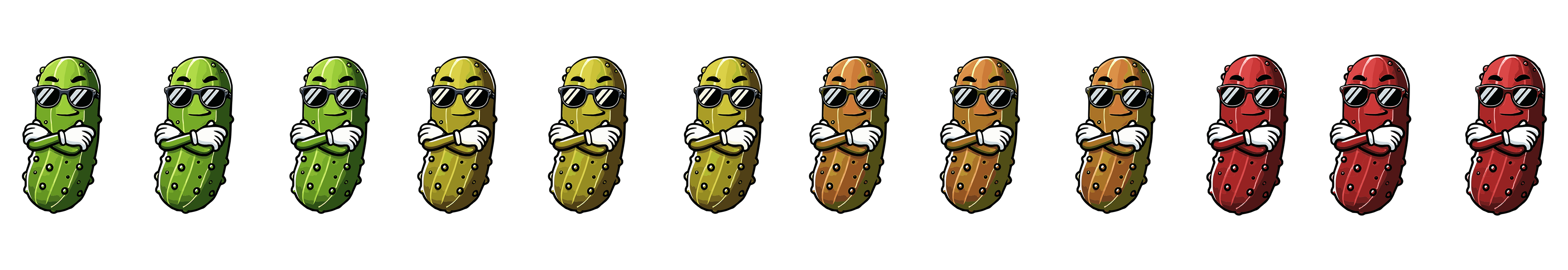 Row of cartoonish pickle figures of different colors - green, yellow, orange, red - to represent the pickle heat levels